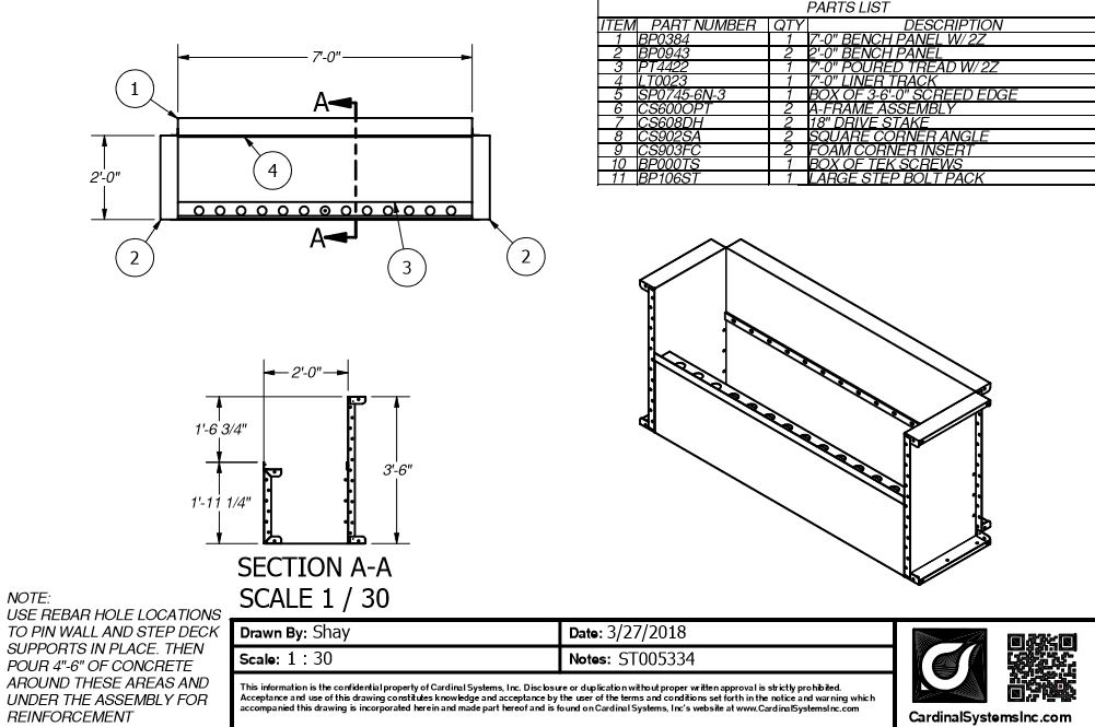 7' Wide Bench w/Liner Track 6"R for 42" Wall